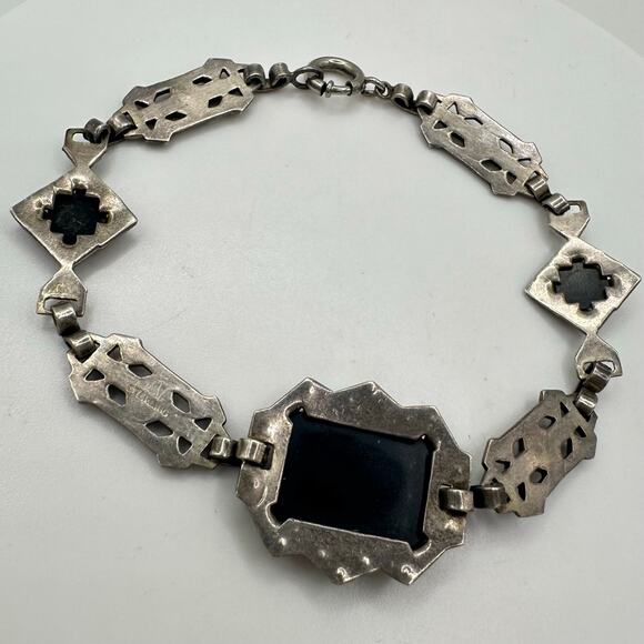 Antique Art Deco sterling silver genuine black onyx marcasite bracelet 7.25" - Picture 5 of 8